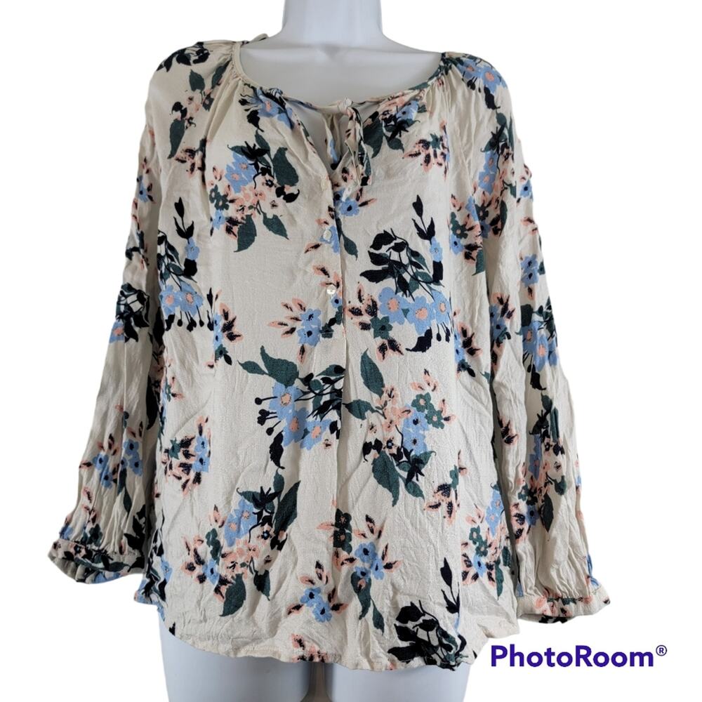Lucky Brand Cream Blue Foral BOHO Peasant 1/2 Button Tie Long Sleeve Blouse S